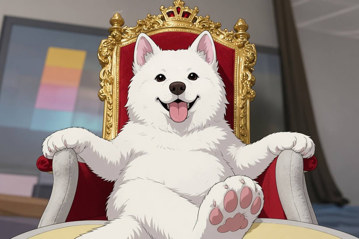 Samoyedcoin mascot sitting beside a glowing Solana coin