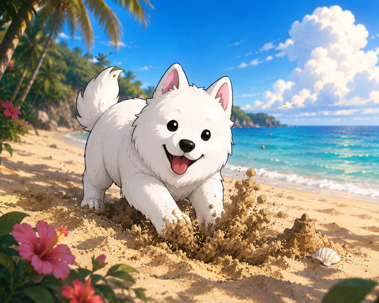 Fluffy white dog digging in the sand on a tropical beach