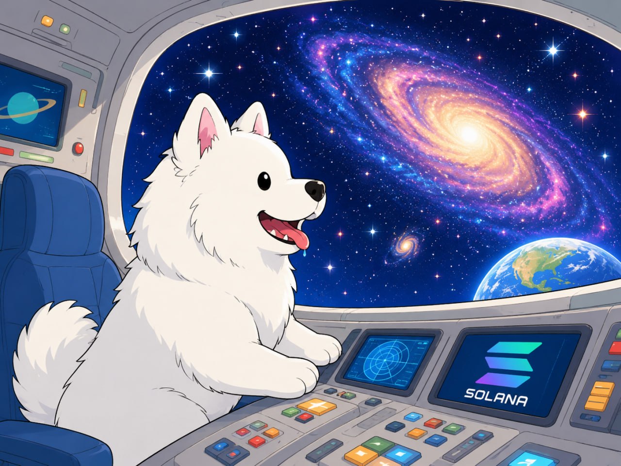 Fluffy white dog piloting a spaceship past a galaxy