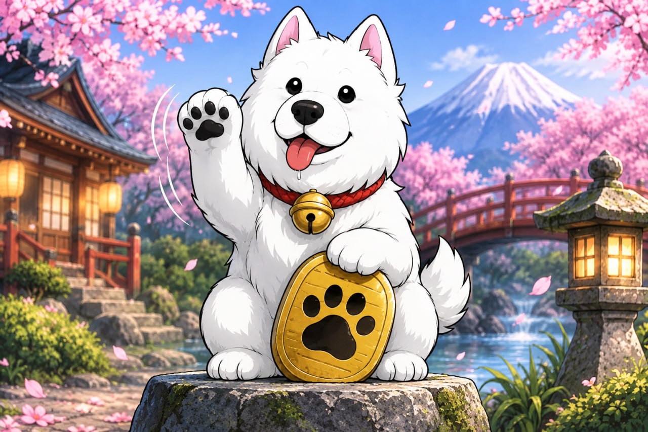 Samoyedcoin mascot holding a neon payment card