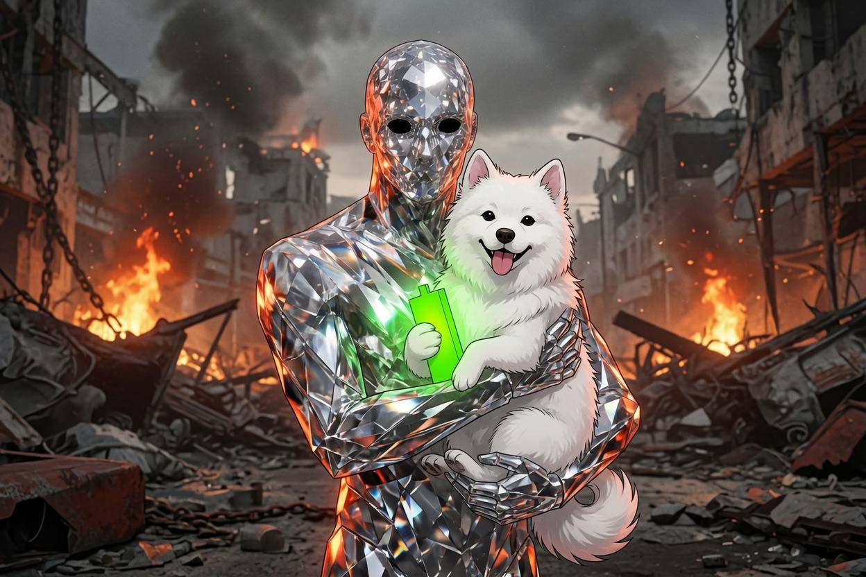 Crystal figure holding the fluffy white dog amid rubble